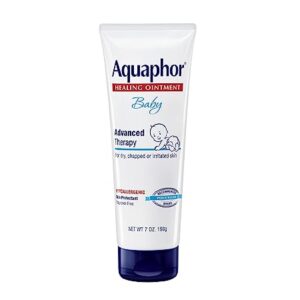 A white bottle of Aquaphor healing ointment for baby diaper rash.