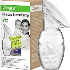 A haakaa silicone breast pump next to its original packaging.