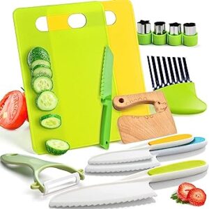 A set of 13 Pieces Montessori Kitchen Tools for Toddlers-Kids Cooking Sets Real-Toddler Safe Knives Set for Real Cooking with Plastic Toddler Safe Knives Crinkle Cutter Kids Cutting Board.