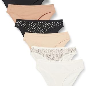 A six pack of nude colored postpartum underwear.