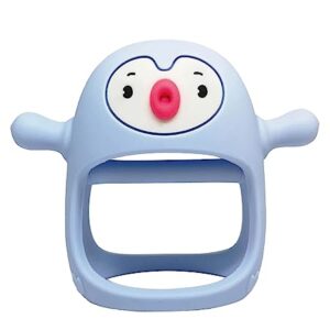 A blue silicone teething penguin.