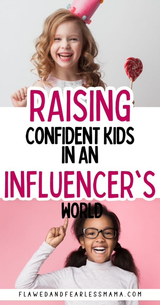 A confident kid raising her finger with the words "Raising confident kids in an influencer's world"