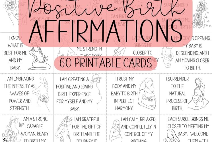 Positive birth affirmation cards digital download with encouraging birth mantras in an aesthetic and minimalist design.